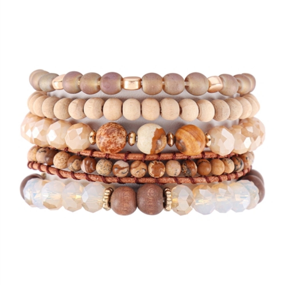 CHARM NATURAL STONE WOOD GLASS BEADS MIX BRACELET SET - BROWN